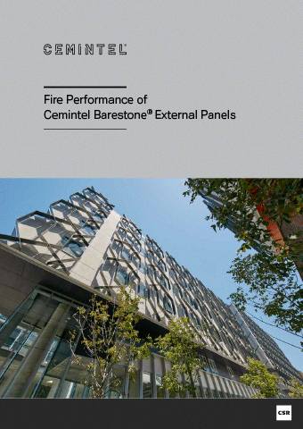 Cover page of a report titled "Fire Performance of Cemintel Barestone庐 External Panels" with an architectural photograph of a modern building clad in geometrically patterned panels and a blue sky in the background. CSR logo is at the bottom right corner.