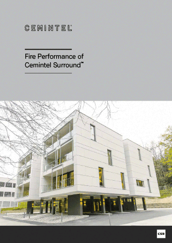 The image features a brochure cover for Cemintel. It includes the text "Fire Performance of Cemintel Surround鈩� and showcases a modern