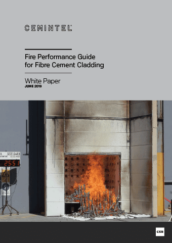 The image shows the cover of a white paper titled "Fire Performance Guide for Fibre Cement Cladding." It features a photograph of a fire resistance test in progress, with flames against an interior wall. The document is dated June 2019 and branded by Cemintel.