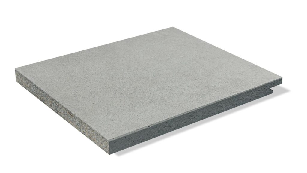 A rectangular, flat, grey concrete slab is shown on a white background. The slab has clean, sharp edges and a smooth surface, indicating it is likely a tile or flooring material.