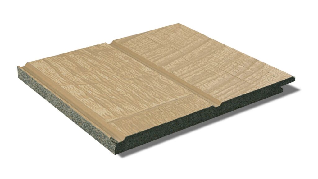 A single beige rectangular siding panel with a textured wood grain finish, designed for exterior use. The panel鈥檚 edges are interlocking, enabling it to connect seamlessly with other similar panels. The backing material is visible, showing a contrast in texture and color.