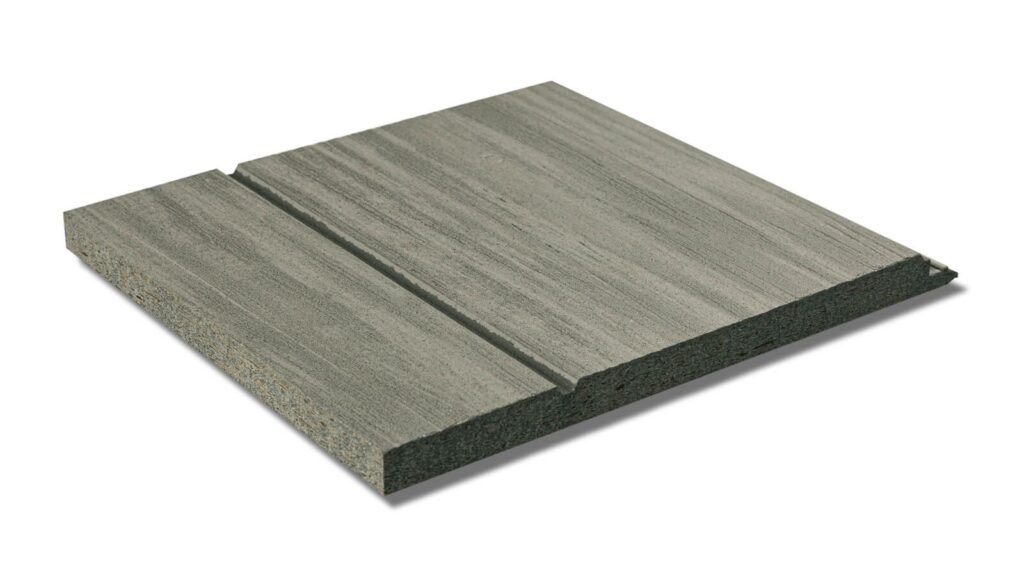 A square piece of green fiber cement siding with a wood grain texture. The panel has a central groove running along its length, creating the appearance of two narrow planks joined together. It is lying flat against a white background.