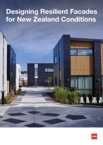 A modern residential complex with dark and wood-toned facades, landscaped paths, and a clear sky. Text reads: "Designing Resilient Facades for New Zealand Conditions.