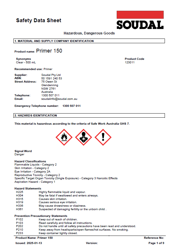 Safety Data Sheet for Soudal Primer 150. Includes contact info, hazard identification section with warning symbols for flammability, health hazard, and exclamation mark, and precautionary statements for safe use and storage.