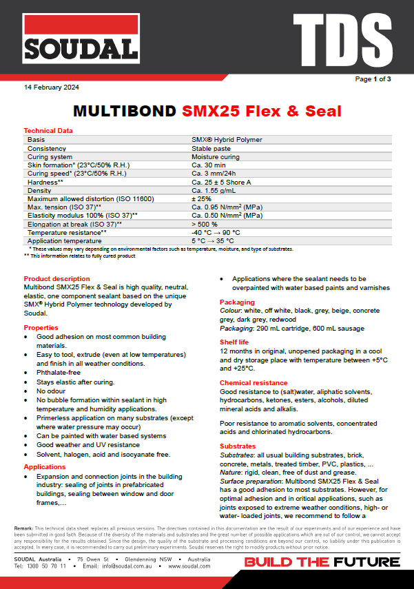 A technical data sheet for Soudal MULTIBOND SMX25 Flex & Seal lists properties, features, and applications of the sealant in a structured table and bullet points, with branding and contact details at the top and bottom.