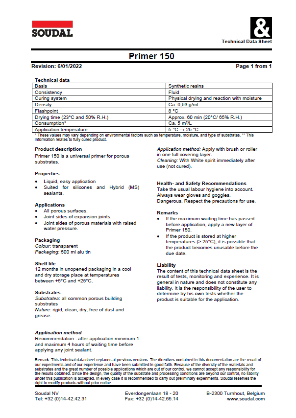 Soudal Primer 150 technical data sheet detailing product info, application instructions, technical data, recommendations, and company contact details in black text on a white page.
